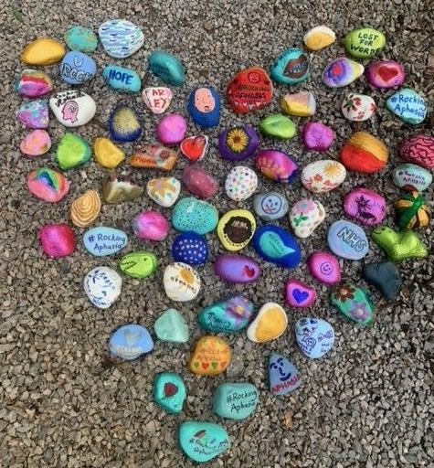 Our gorgeous rocks. Painted by patients past and present who have Aphasia and Farley stroke unit and Speech & Language Therapy staff. June - Aphasia awareness month #rockingaphasia @teamfarley1 @SalisburyNHS @RCSLT @TheStrokeAssoc @FarleyTherapy @AphasiaAccess @SayAphasia