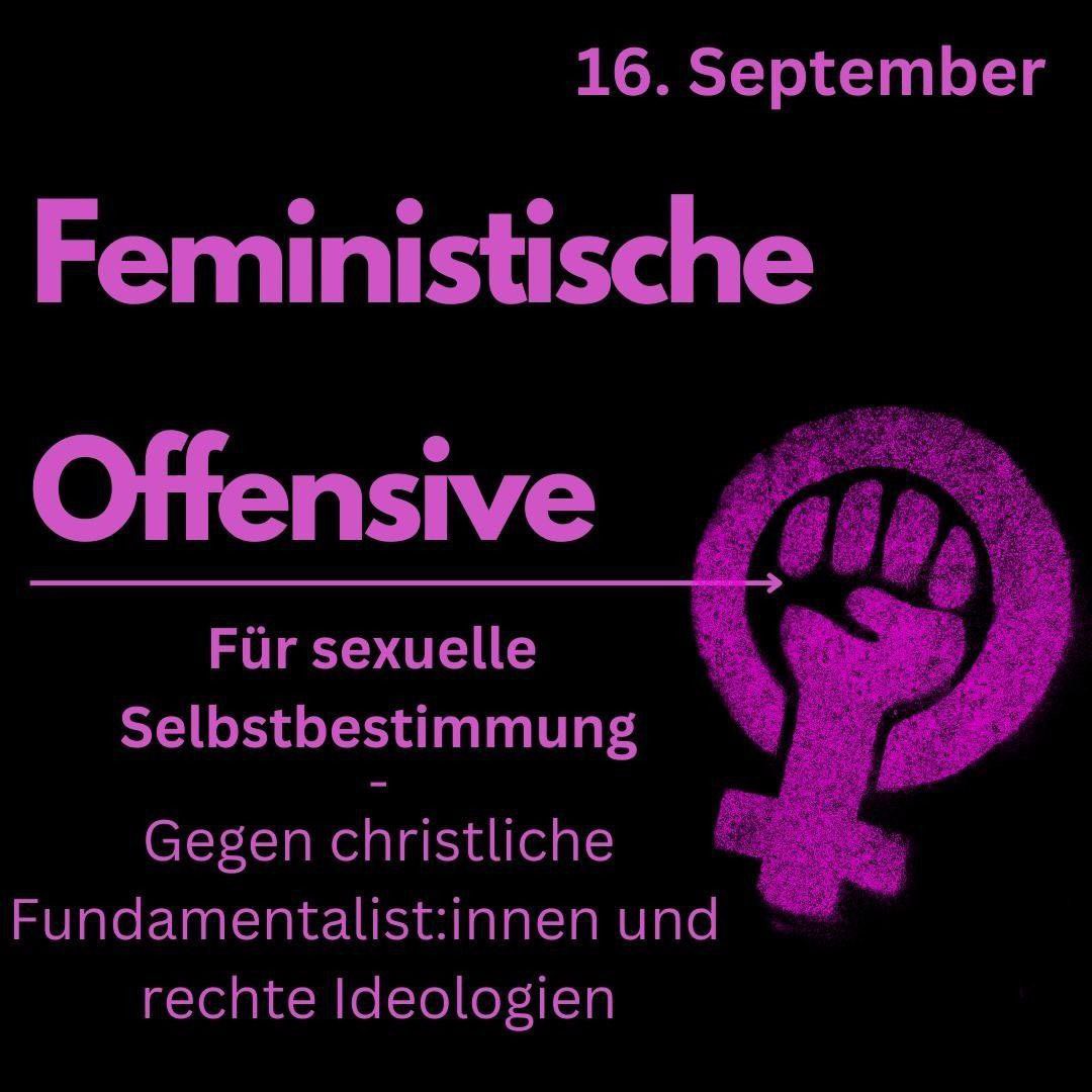 LoveGuerillero's tweet photo. 🖤❤️💜#Selbstbestimmung #GegenChristlicheFundamentalisten #RecheDemagogen und Ideologien 
Am Samstag, den 16. September, werden christliche Fundamentalist:innen, Afdler:innen und andere ultra-konservative Organisationen in Köln gegen das Recht auf Abtreibung marschieren.  Unter dem Deckmantel des „Lebensschutz“ vertreten sie eine rückschrittliche Politik, die sich gegen jegliche Form von selbstbestimmtem Leben richtet. 
Es geht ihnen dabei um viel mehr als um Schwangerschaftsabbrüche: Sie wollen Liebe sowie sexuelle und körperliche Selbstbestimmung wieder ihrem Zugriff unterwerfen. Der Zugang zu Abtreibung ist davon genauso betroffen wie queere Lebensweisen. Die Anti-Choice-Bewegung will Abtreibungen verbieten und fordert die Bestrafung von Betroffenen und Ärzt:innen. Sie drangsalieren Beratungsstellen und Ärzt:innen, die Abtreibungen durchführen. Sie verbreiten verzerrende Informationen zum Schwangerschaftsabbruch und lobbyieren für eine Rückkehr zu traditionellen Geschlechterrollen, die letztendlich auf die Unterdrückung von Frauen und queeren Menschen abzielt. Und natürlich laufen sie Hand in Hand mit Afdler:innen und der Neuen Rechten. Sie sind Teil eines konservativen Backlashes, dem wir uns gemeinsam entgegenstellen müssen.  
Wir brauchen mehr Rechte für Lebensmodelle abseits der heteronormativen Kleinfamilie! Wir brauchen eine angemessene Gesundheitsversorgung für Schwangerschaftsabbrüche!

Dafür werden wir am 16. September gemeinsam in Köln auf die Straße gehen. Markiert euch den Tag im Kalender! Unterstützt bei der Mobilisierung durch Öffentlichkeitsarbeit oder Infoveranstaltungen.

Informiert euch unter: https://t.co/lQmmWH9WlR

Kontakt: pro-choice-bonn@solidaris.me

Infos zum Thema findet ihr zum Beispiel unter: https://t.co/f5VMpuQWRW

Ihr wollt euch in die Protest-Orga einbringen?
Dann meldet euch bei: Pro-choice-koeln@riseup.net 
@CityofHopeKoeln @KolnOmas @Kroehmerin @yoga_and_more