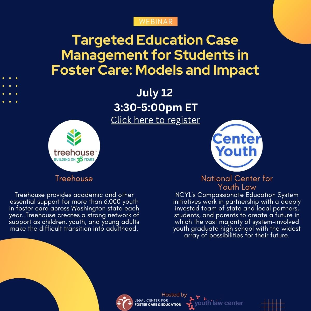This Wednesday, 7/12, at 3:30 pm ET, we’ll host Targeted Education Case Management for Students in Foster Care. The webinar will highlight two impactful models. Please join us! Register: bit.ly/TargetedEdCase… <a href="/ABACCL/">Ctr on Children &Law</a> @YouthLawCenter <a href="/TreehouseTweets/">Treehouse</a> <a href="/NCYLnews/">The National Center for Youth Law</a> #FosterEdSuccess