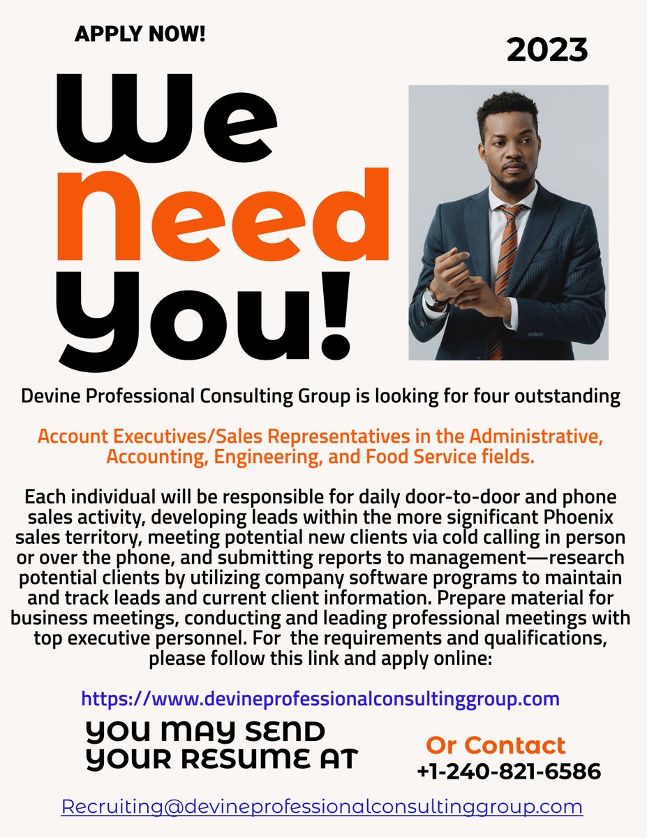 group_devine's tweet photo. We're hiring. Apply here:
https://t.co/ii1twWlDER
#devineprofessionalconsultinggroup #AccountExecutive #SalesRepresentative #administrativejobs #accounting #FoodService #engineering #PhoenixNM #coldsales #topexecutive #hr #consultingagency #silverspringmd #HIRINGNOW https://t.co/IudZA1Zy4D