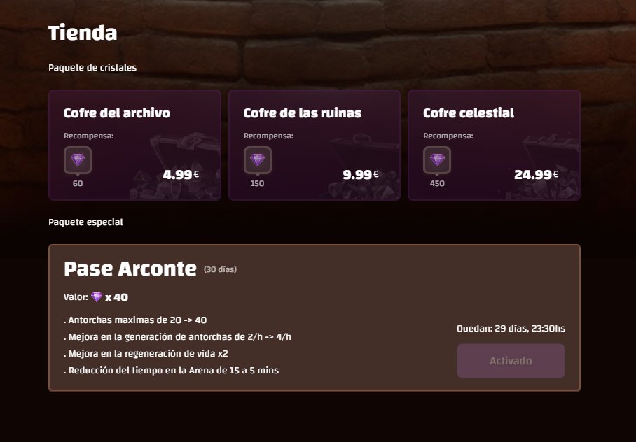 Buenas aventureros, el lanzamiento oficial será en Agosto, todavia estamos determinando una fecha.
Hoy os queremos mostrar el cambio en la tienda, donde ofreceremos cristales y el nuevo modo "Arconte", el cuál traerá inicialmente varios beneficios.