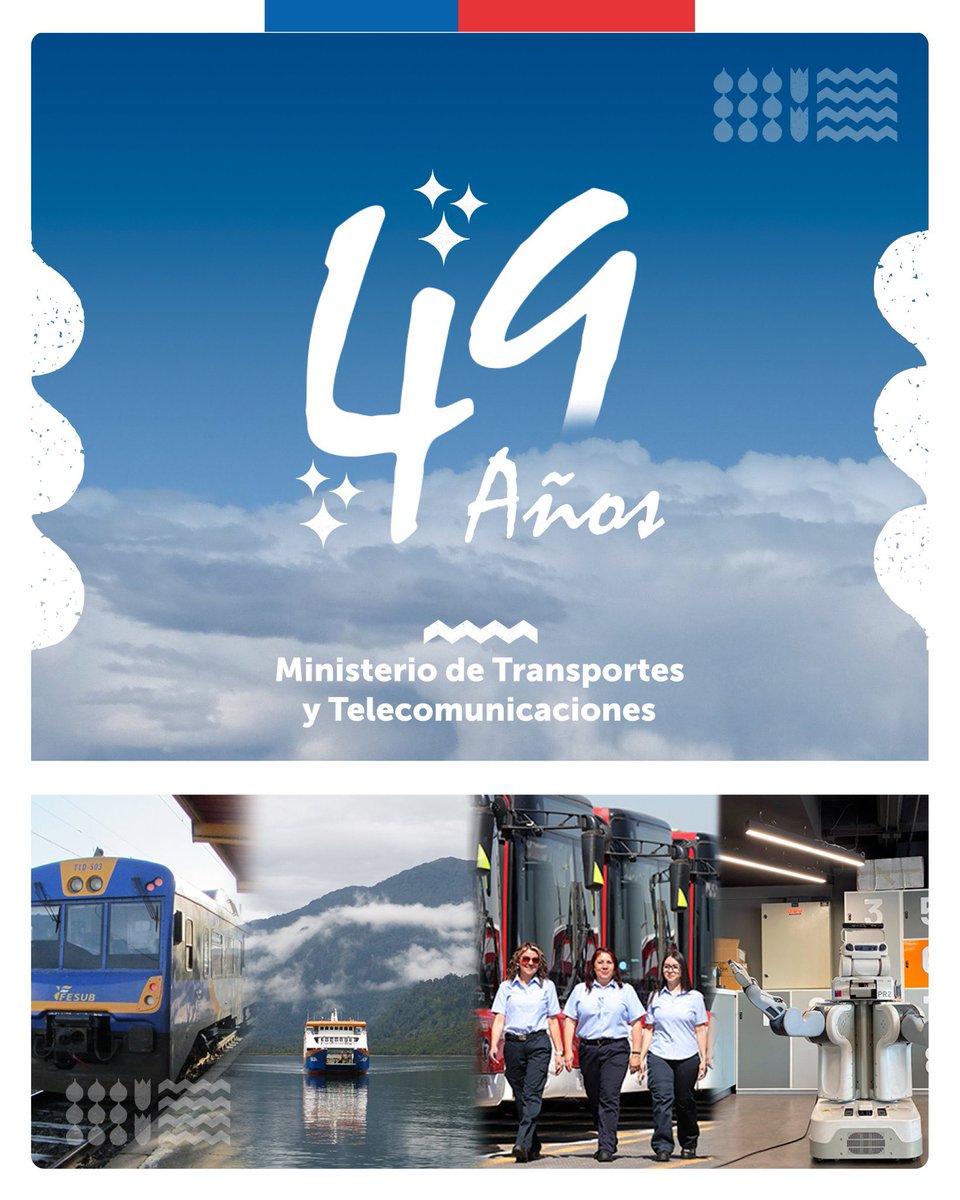 Hoy nuestro ministerio cumple 49 años conectando a las personas en todo Chile 🚌⛴️📡

Nuestro compromiso es acortar las brechas digitales, terrestres y de equidad, para que todas y todos puedan vivir mejor.