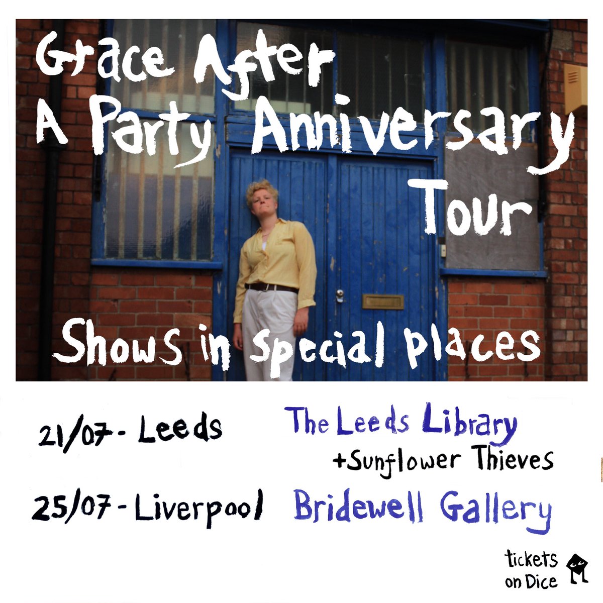 I’ve got some headline shows around the anniversary of Grace After a Party 💥

21/07 - The Leeds Library, Leeds 

25/07 - Bridewell Gallery, Liverpool 

Tickets = jemimacoulter.com/tour…

They’re gonna be special 👼🏼