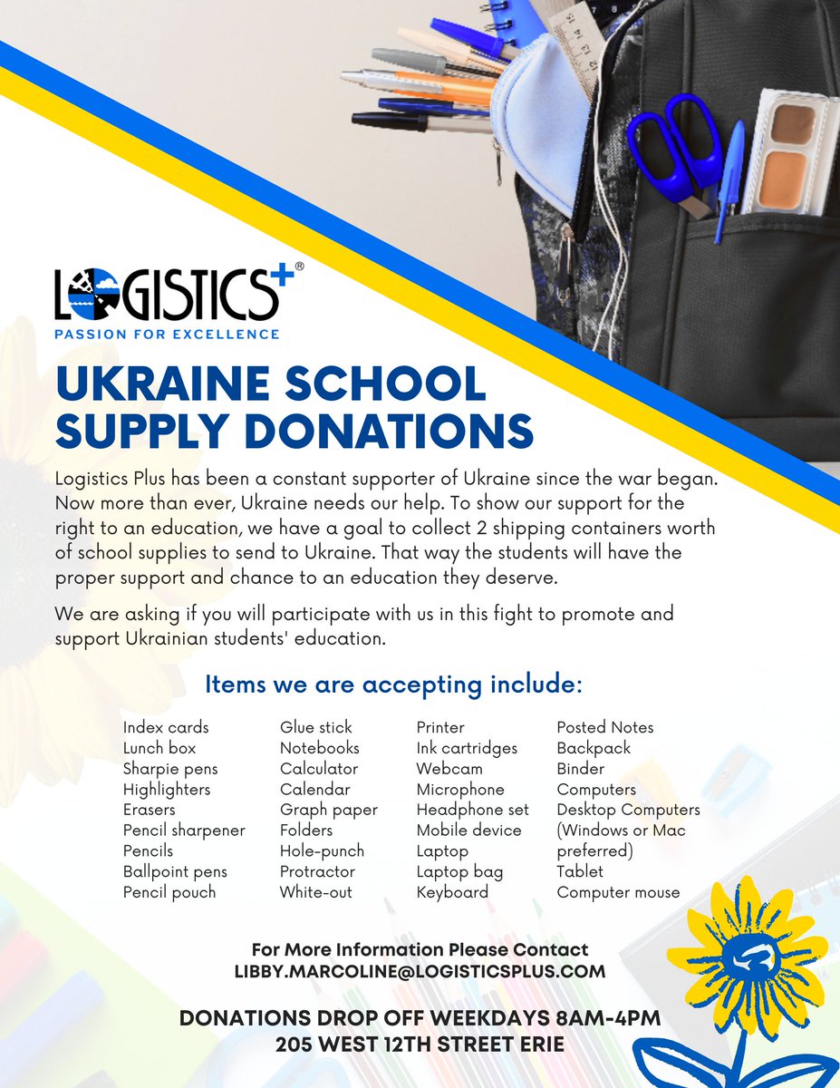 Just a reminder that we are still collecting #SchoolSupply donations in #Erie for students in #Ukraine. Help us if you can.