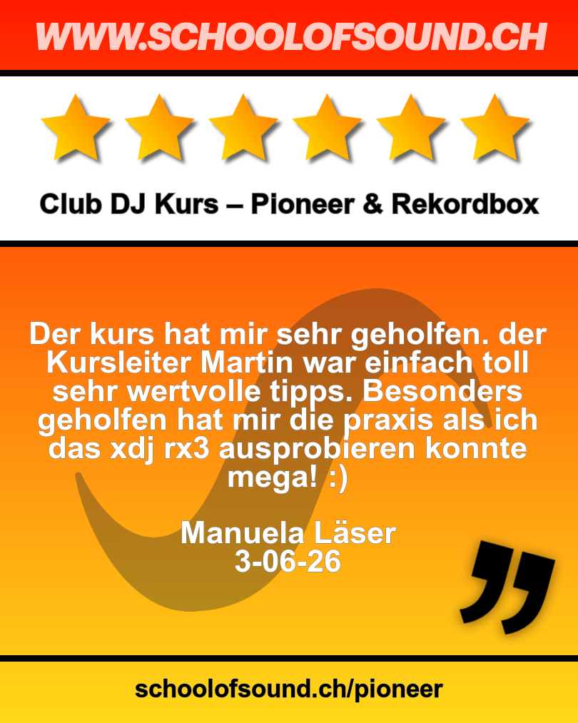 schoolofsoundch's tweet photo. "Der kurs hat mir sehr geholfen. der Kursleiter Martin war einfach toll, sehr wertvolle tipps. Besonders geholfen hat mir die praxis, als ich d..." -  Feedback von Manuela Läser - Club DJ Kurs – Pioneer &amp; Rekordbox Zürich #feedback https://t.co/ceTyJMF1DV https://t.co/Z7JB9nBd74