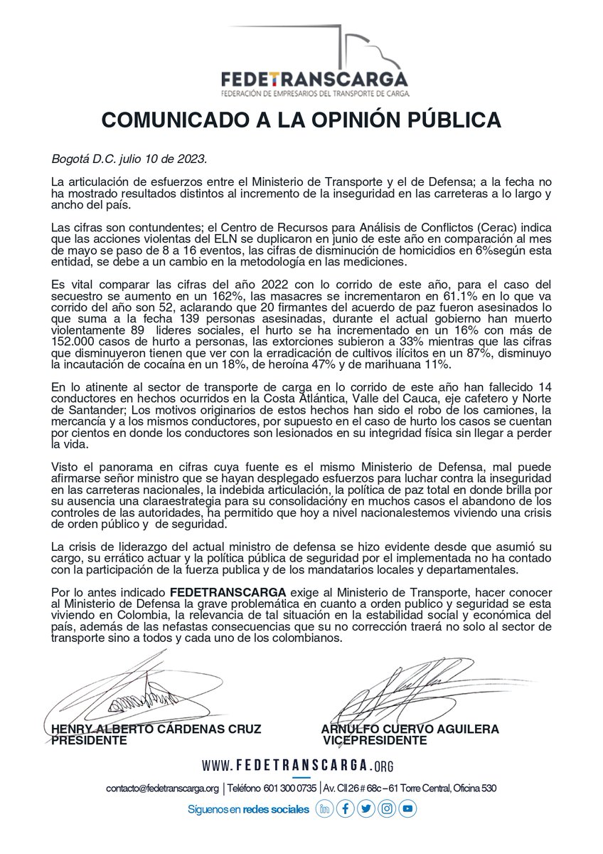 Desde #FEDETRANSCARGA exigimos al <a href="/MinTransporteCo/">MinTransporte</a>  hacer conocer al <a href="/mindefensa/">Mindefensa</a> la  problemática en cuanto a orden publico y seguridad se esta viviendo en #Colombia.
