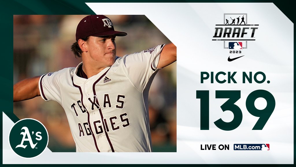 MLBDraft's tweet photo. With the 139th pick, the @Athletics select @AggieBaseball right-handed pitcher Nathan Dettmer, No. 198 on the Top 250 Draft Prospects list.  

Watch live: https://t.co/lv70TuxxSC https://t.co/mIsJG9ZXIi