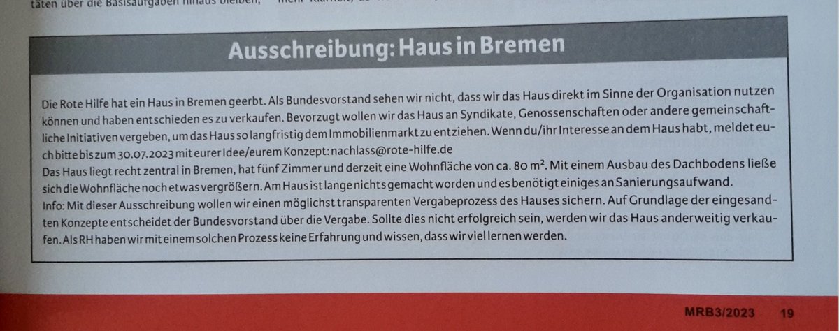 @Stadtkontext@norden.social (@stadtkontext) on Twitter photo Bremer Syndikate, Genossenschaften, gemeinschaftliche Initiativen, eure Chance auf eine Immobilie in der Stadt.
Bewerbungen/Konzepte bis zum 30.07. an nachlass@rote-hilfe.de. Bremer Syndikate, Genossenschaften, gemeinschaftliche Initiativen, eure Chance auf eine Immobilie in der Stadt.
Bewerbungen/Konzepte bis zum 30.07. an nachlass@rote-hilfe.de.