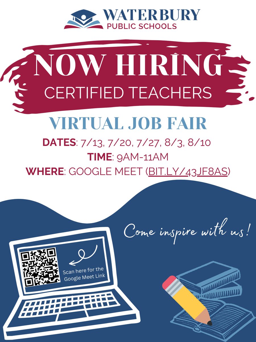 WPSHumanCapital's tweet photo. Waterbury Public Schools is hiring certified teachers. We are hosting weekly virtual job fairs this summer on Thursdays from 9:00-11:00am. See the flyer for more information. Come inspire with us for the 2023-2024 school year! https://t.co/AJOysbPPrN