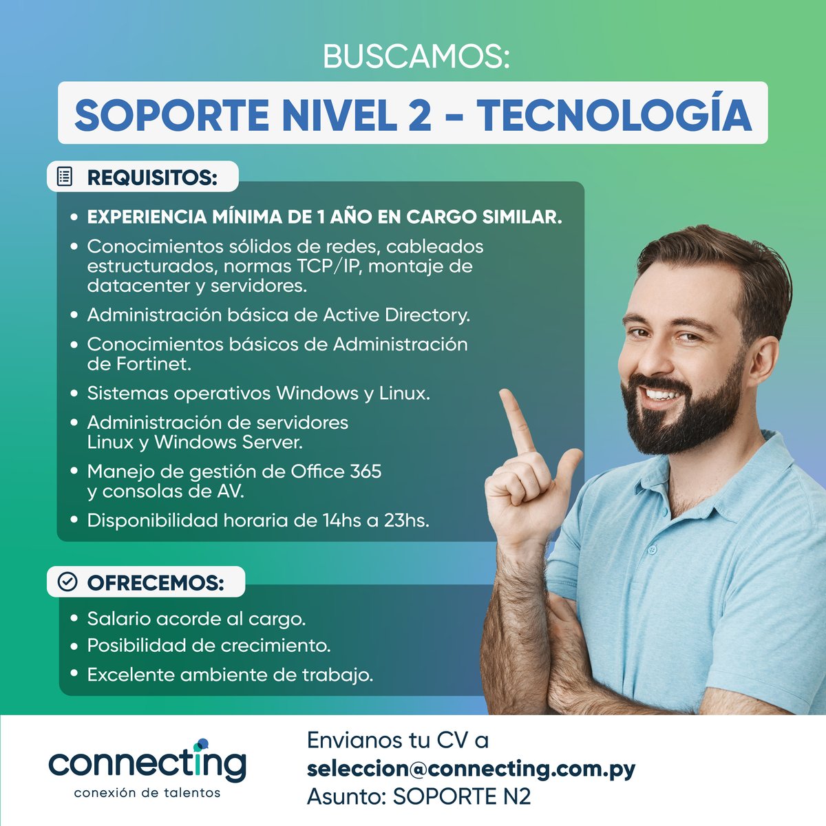 Tips para la postulación 👇🤩
➡ Contamos con filtros automáticos. Coloca el asunto indicado para que tu correo sea tomado en cuenta.
➡ El no cumplimiento de los requisitos EXCLUYENTES hace que el CV se elimine de la base de datos para futuras búsquedas.

#OportunidadLaboral
