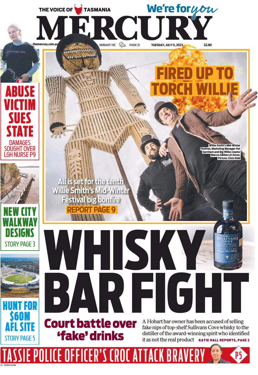 ukpapers's tweet photo. ★ Whisky Bar Fight

▫A battle has broken out between one of the world’s best whisky distillers and a Hobart bar – who are accused of duping customers by selling them a “fake” whisky 
▫@KatieWrites94 ★ 

#frontpagestoday #Tasmania @themercurycomau https://t.co/mXEsLgBTdJ