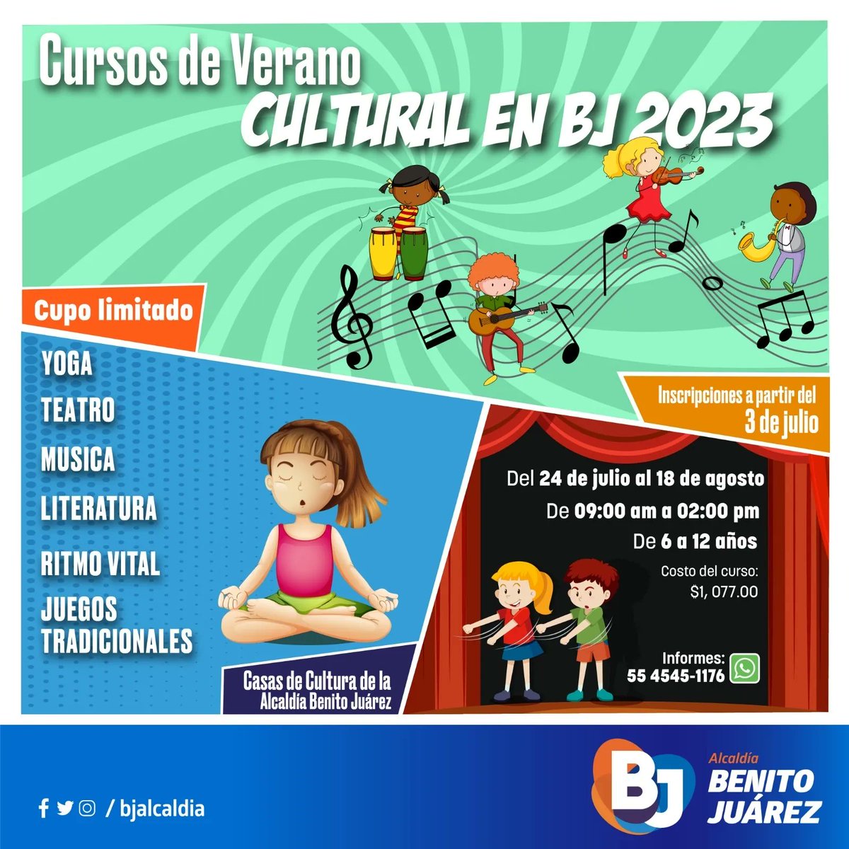 BJAlcaldia's tweet photo. 📣 Inscribe a tus hijos en nuestro #VeranoCultural en BJ, en donde conocerán de forma recreativa las disciplinas culturales enfocadas en las bellas artes, estimulando su desarrollo motriz y sus habilidades de interacción social.🎨🎭🏃‍♀️

📞 Informes al: 5545451176 https://t.co/fZQK9mIWVQ