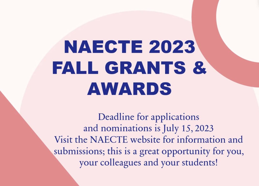 NAECTE (@naecte) on Twitter photo Grants & Awards are due July 15th!📷
form.jotform.com/220685073235151
Inquiries regarding awards and nominations can be directed to Kelly Baker at kbaker12@uco.edu and Jennifer Chen at jchen@kean.edu Grants & Awards are due July 15th!📷
form.jotform.com/220685073235151
Inquiries regarding awards and nominations can be directed to Kelly Baker at kbaker12@uco.edu and Jennifer Chen at jchen@kean.edu