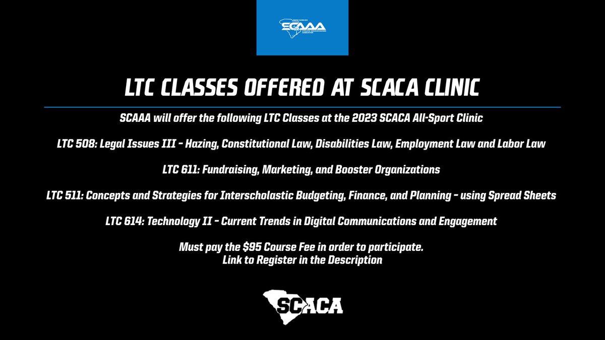 We will be offering 4 <a href="/NIAAA9100/">NIAAA</a> LTC courses and CAA exam at the upcoming <a href="/CarolinaCoaches/">South Carolina Athletic Coaches Association</a> All-Sports Clinic. Must Register and pay the $95 course fee to participate. 
Link to Register below:
scaaa.finalforms-amp.com/events/16/memb…

<a href="/SCHSL/">SCHSL</a>