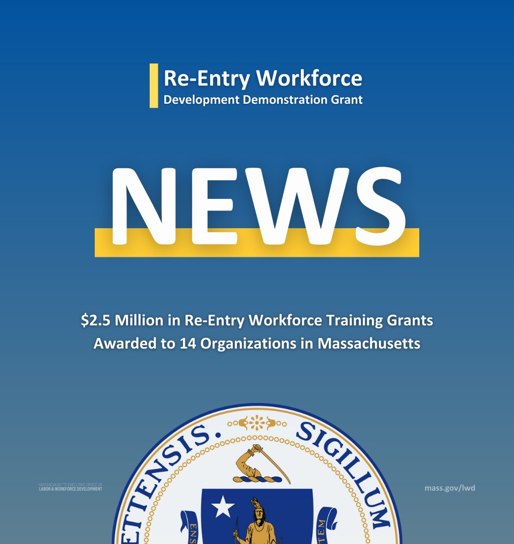 MassLWD's tweet image. We're awarding $2.5 million in #ReEntryWorkforceTraining grants to provide re-entering individuals with on-the-job training in high-demand occupations like clean energy, hospitality, and manufacturing. More at: ow.ly/3ToZ50P7YTy