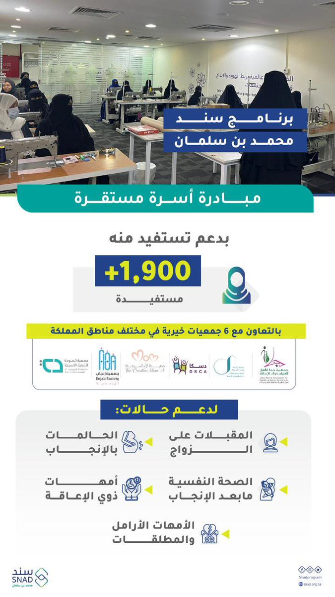 استمرارًا لاهتمام سمو سيدي #ولي_العهد 
في تنمية القطاع غير الربحي
وإيمانًا بأهمية استقرار الأسرة
يطلق برنامج #سند_محمد_بن_سلمان 
مبادرة #أسرة_مستقرة وذلك من أجل خدمة أكثر من 1,900 مستفيدة.