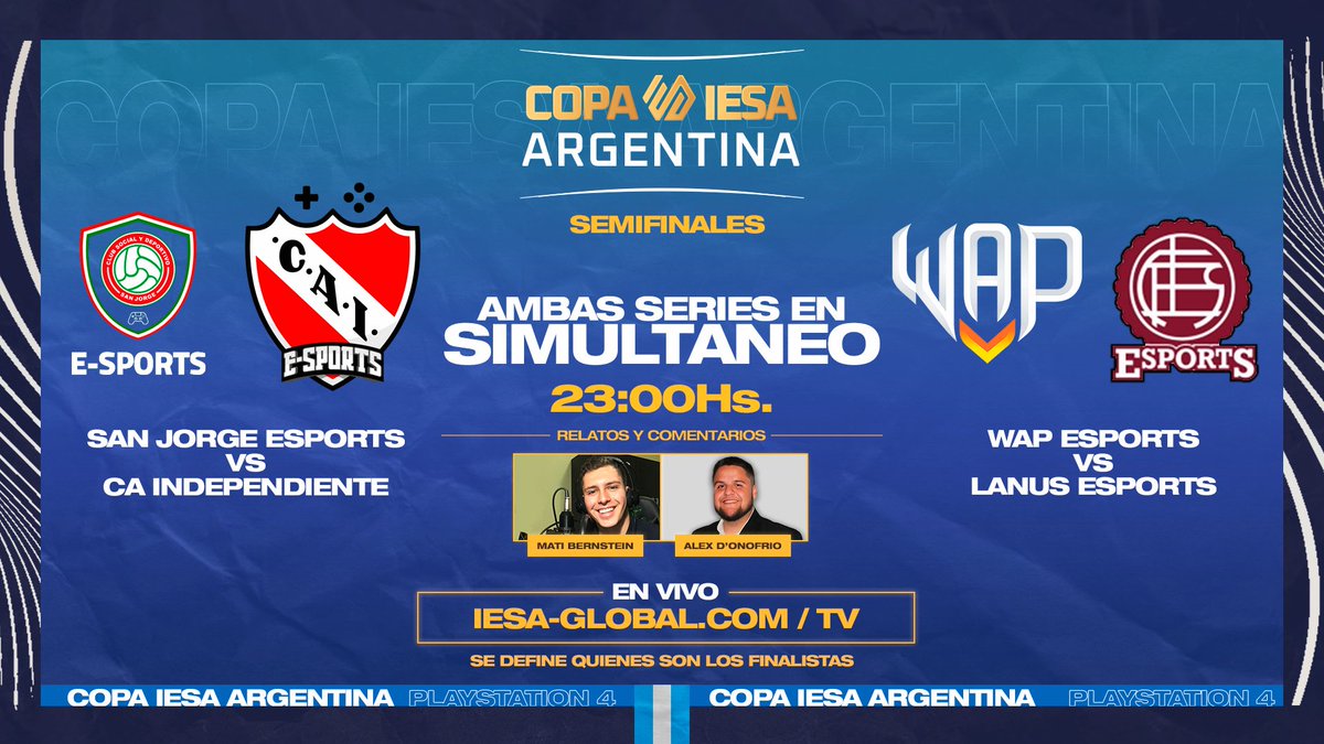 IESAFIFAar's tweet photo. SE DEFINEN LOS BOLETOS A LA FINAL 🔥

HOY SE DEFINEN QUIENES SON LOS FINALISTAS DE LA #CopaIESAArgentina 

@SanJorgeESP 🆚 @CAIesports 
@WAPEsports  🆚 @ClubLanusEs 

📍 https://t.co/e1Bn5qMNgF
⌛ 23:00Hs.
🎙 @Mati_Bernstein  y @alexdonofrio_ok 

NO TE LO PODES PERDER 🔥🔥 https://t.co/UPA83cXxZA