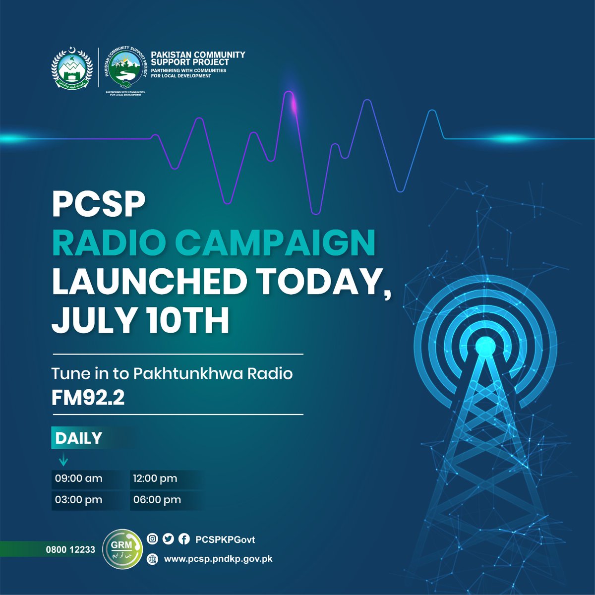 PCSPKpGovt's tweet photo. PCSP Radio Campaign
Launched Today, July 10th
Tune in to Pakhtunkhwa Radio FM 92.2.
Daily:
9:00 am 12:00 pm
3:00 pm 6:00 pm
#PCSPImpact https://t.co/08knZSuT4E