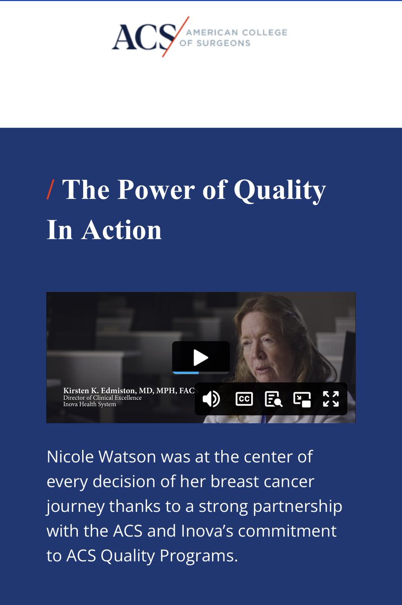 Dr Kirsten Edmiston is putting surgical quality @InovaHealth & @InovaSchar in the (inter)national spotlight with @AmCollSurgeons! Privileged to call her a colleague and see this impact firsthand. Check out the full video shown at #ACSQSC23 here: powerofquality.com/?utm_campaign=…