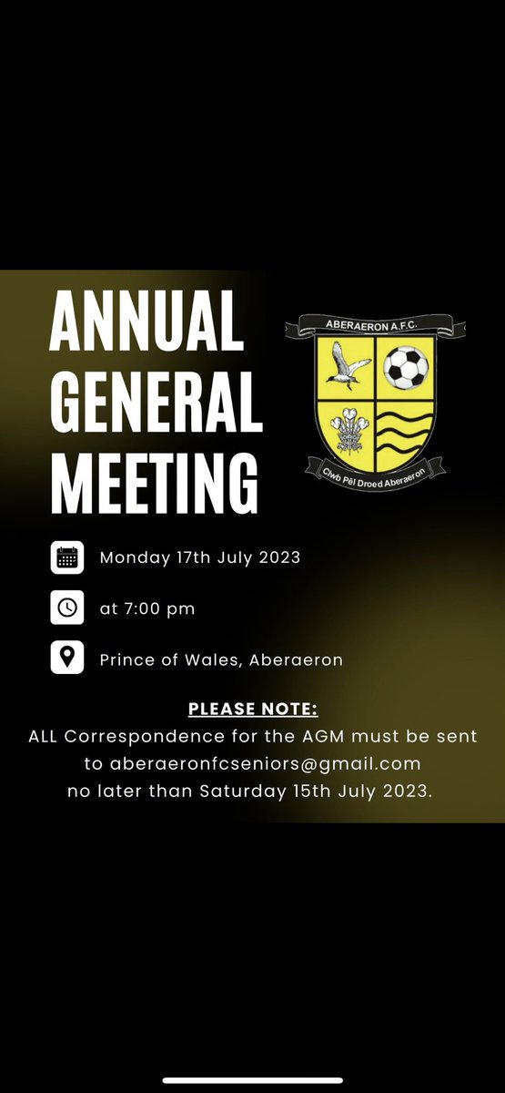 AGM announced for 17th July at The Prince of Wales, 7pm. 

🟡⚫️🟡