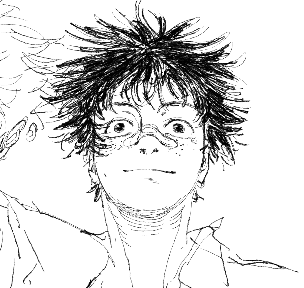 Rough black & white sketch of a young, dishevelled man by Weilin Zhang on X