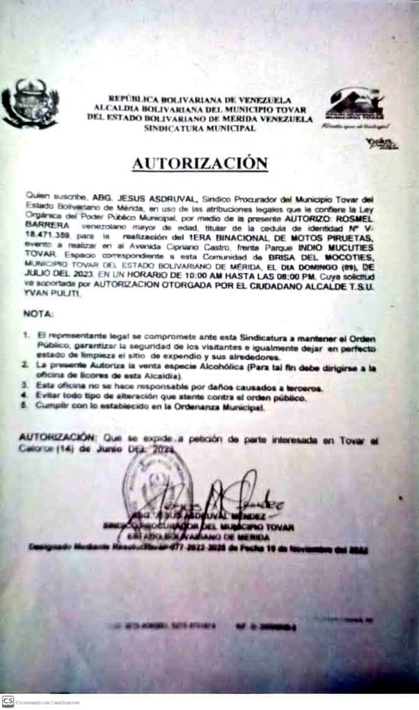 Esta es la autorización dada por la Sindicatura de #Tovar para la realización de la 1ra Binacional de Motopiruetas, en ella se afirma que el evento fue avalado por <a href="/YvanPulitiTovar/">Yvan Puliti</a> cuyo resultado es 1 joven herida y 2 ambulancias fuera de servicio, de quién es la responsabilidad?