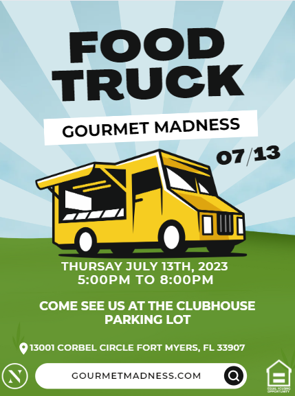 AshlarFl's tweet photo. We are excited to welcome @GourmetMadness Food Truck to The Ashlar this Thursday, July 13th from 5-8 PM!

#GourmetMadness #LeaveThePansBehind #FoodTruckEvent #FortMyers #TheAshlar #WeLoveOurResidents https://t.co/VW7fL7UcgY