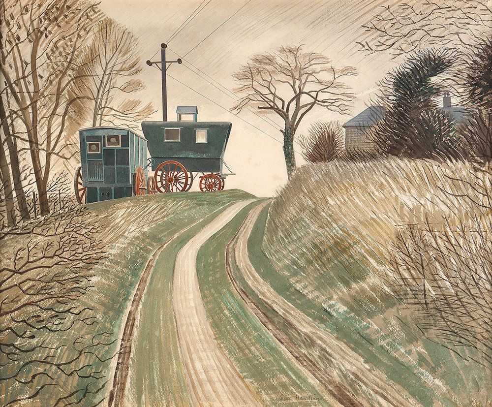 Caravans, Eric Ravilious, 1934. Painted near Peggy Angus’ cottage at Furlongs, in East #Sussex. In her autobiography, Eric’s wife Tirzah describes how she restored these caravans for them to use & painted the wheels red. The original artwork is in the collection of @FryArtGallery