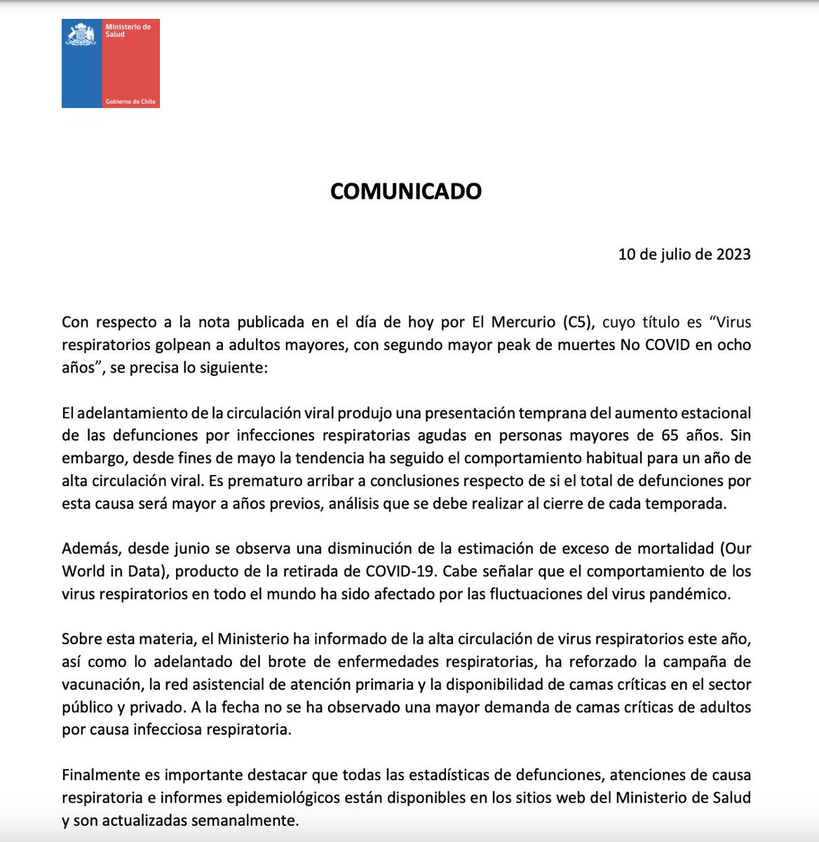 ministeriosalud's tweet photo. 📌COMUNICADO: Respecto a la nota publicada en el día de hoy por El Mercurio.
https://t.co/OxyMozJL2D https://t.co/tGANhFrpsz