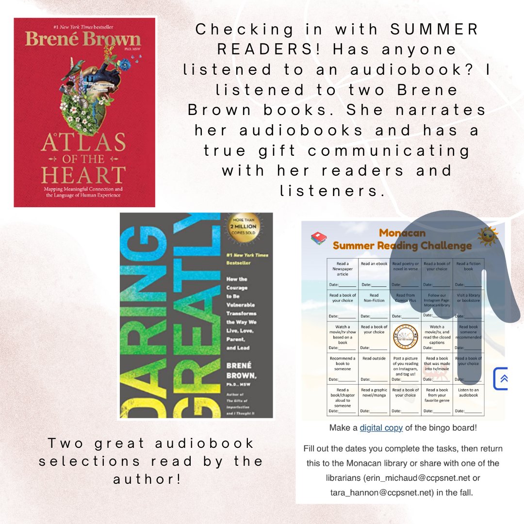 Monacan Library (@monacanlibrary) on Twitter photo Summer reading check-in time! I love my nonfiction audiobooks and have listened to everything <a href="/BreneBrown/">Brené Brown</a> has written and recorded. Don't worry friends...we have ordered a couple of these books for the library. They are AMAZING! #daregreatly #findyourvoice #SummerReading Summer reading check-in time! I love my nonfiction audiobooks and have listened to everything <a href="/BreneBrown/">Brené Brown</a> has written and recorded. Don't worry friends...we have ordered a couple of these books for the library. They are AMAZING! #daregreatly #findyourvoice #SummerReading