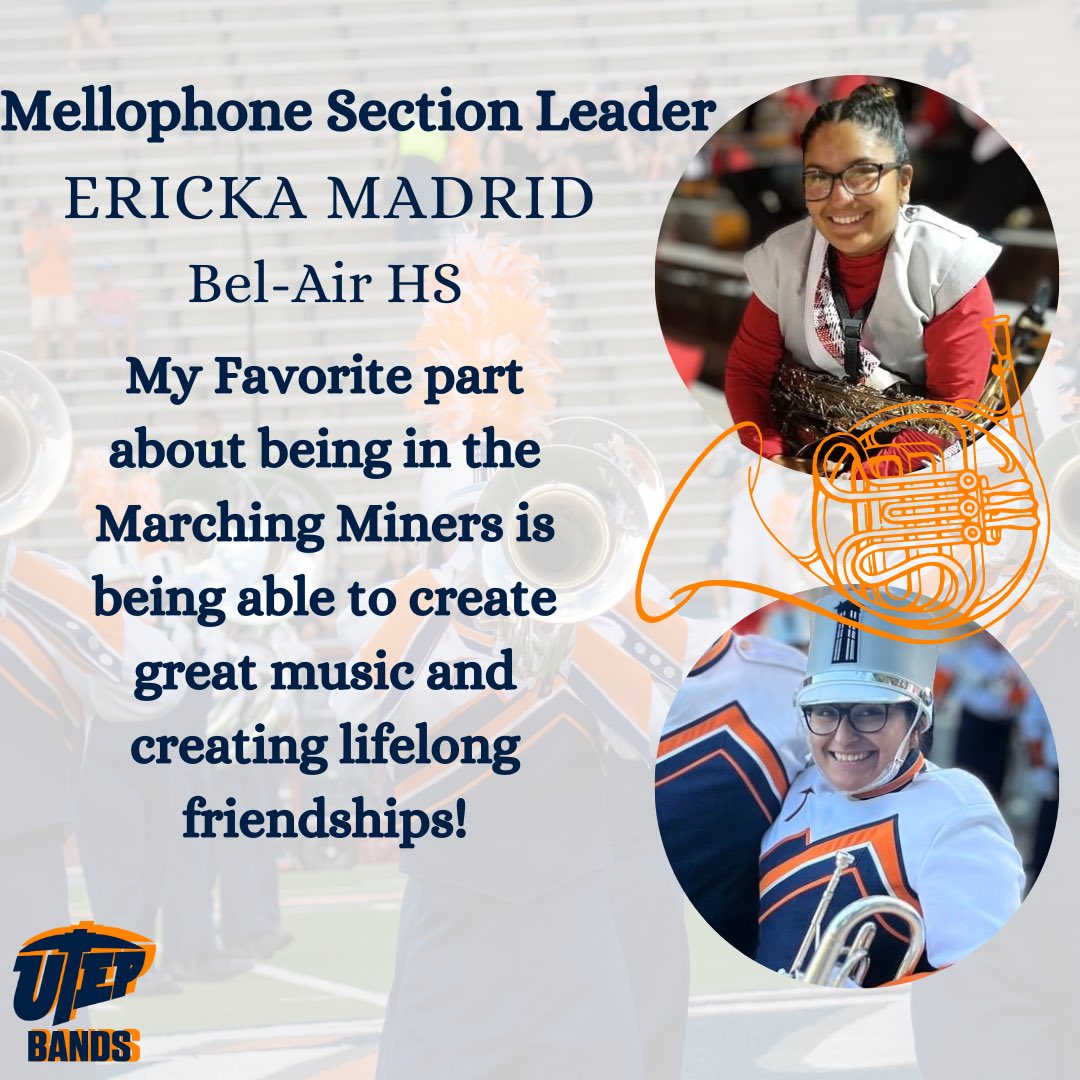 UTEPBands's tweet photo. Congratulations to our very own 2023 Mellophone Section Leaders! We cannot wait to see what all three of these first-year leaders got this season!! Click on the link in our bio to register, TODAY!! 🤩😎⛏️⬆️🤙🏽 #UTEPBands #MelloLove https://t.co/uUYRku2V9E