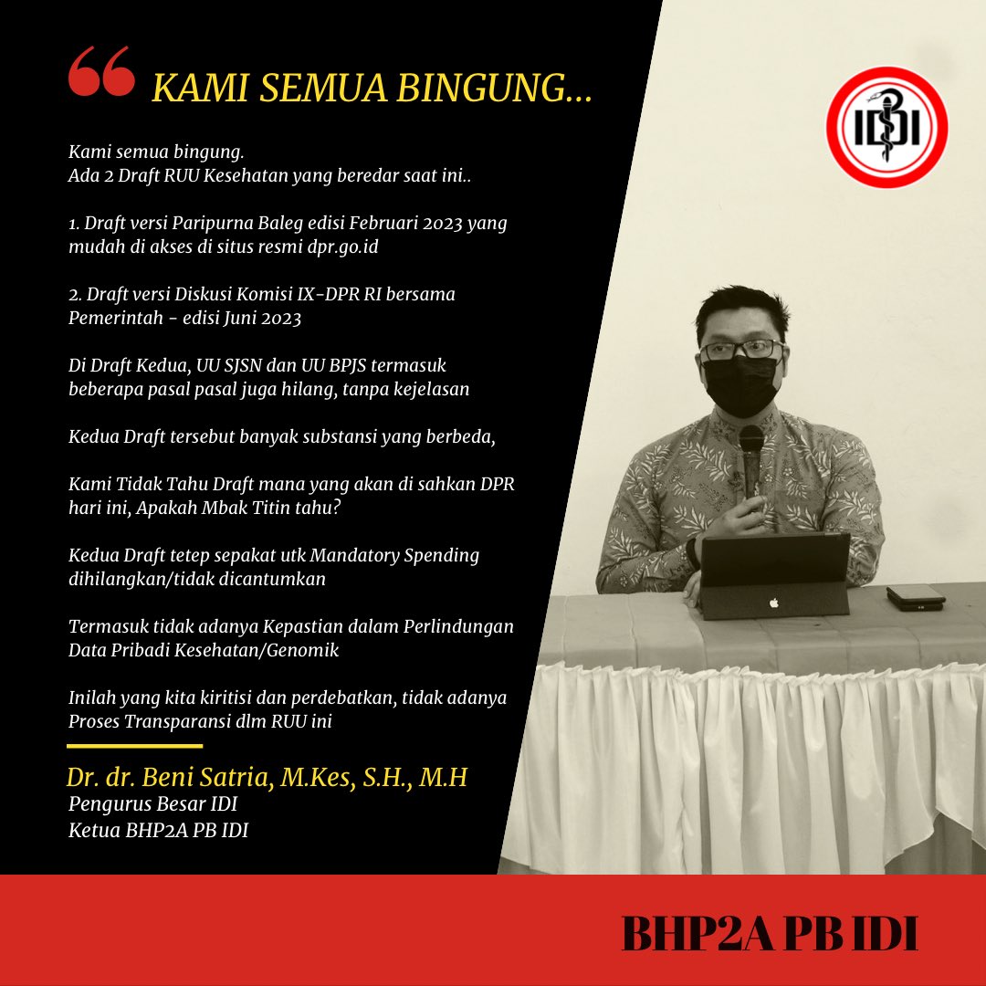 benisatria_dr's tweet photo. Kami semua bingung.
Ada 2 Draft RUU Kesehatan yang beredar saat ini..

1. Draft versi Paripurna Baleg edisi Februari 2023 yang mudah di akses di situs resmi https://t.co/7kZzAq9Fep

2. Draft versi Diskusi Komisi IX-DPR RI bersama Pemerintah - edisi Juni 2023 https://t.co/SkC60SELYc