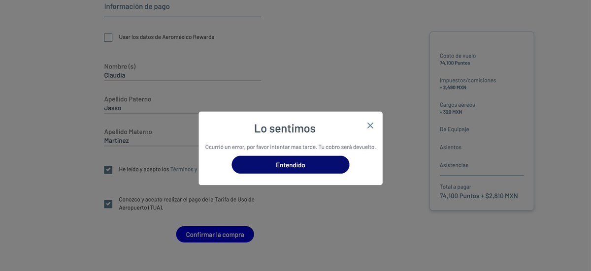 ClauJmtz's tweet photo. Pt.1 

@Aeromexico el Domingo 4 de junio, estuve intentando comprar unos vuelos en la página web y me salía error (adjunto evidencia)
Dos de esas veces se me hizo el cargo a mi tarjeta, sin que me diera ningún código de reserva. https://t.co/Z02jva8v3H