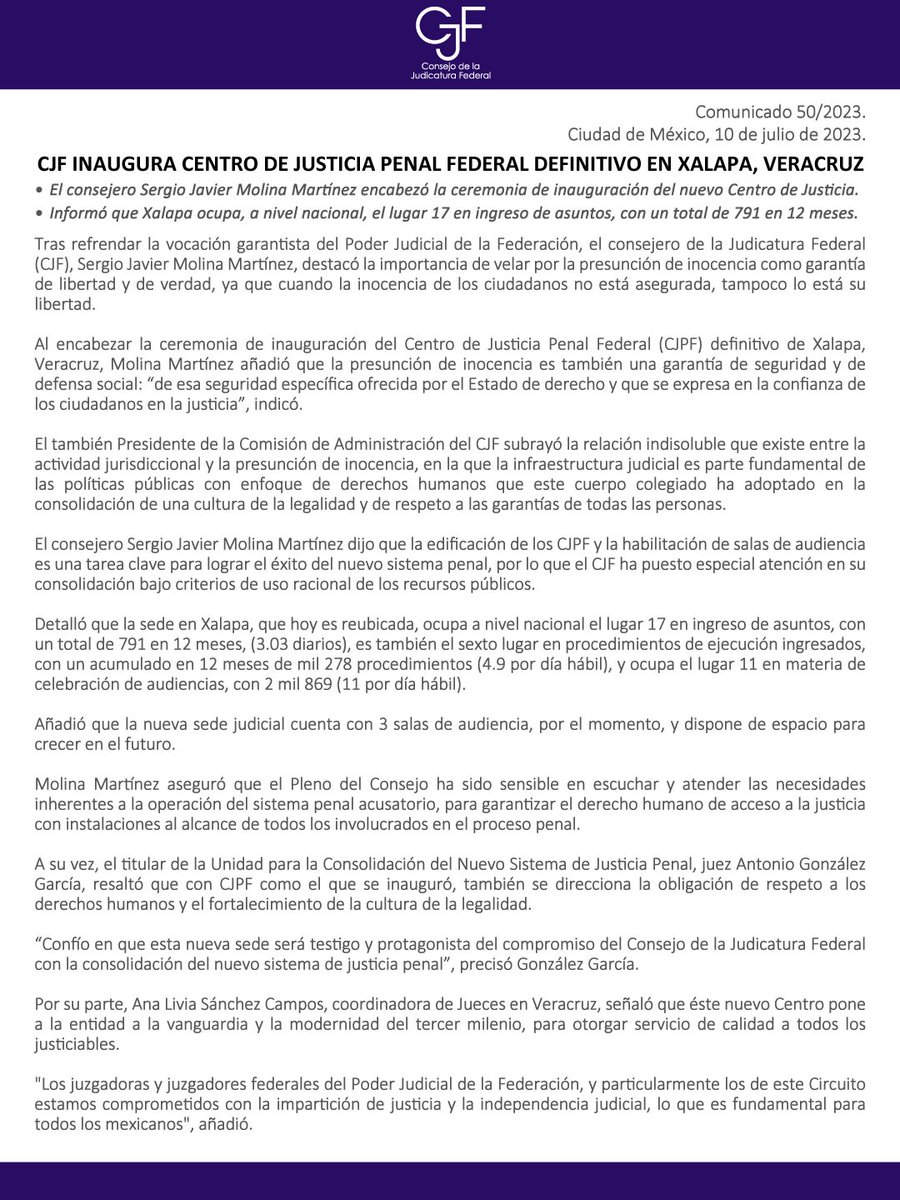 OAJ_Mex's tweet photo. En la inauguración del #CJPF en Veracruz, el Consejero Sergio Molina Martínez destacó que la garantía de la defensa social se expresa en la confianza en la justicia, la cual buscan en todo momento las y los juzgadores con valentía y entereza en sus órganos jurisdiccionales. https://t.co/qSghOA8Ygt