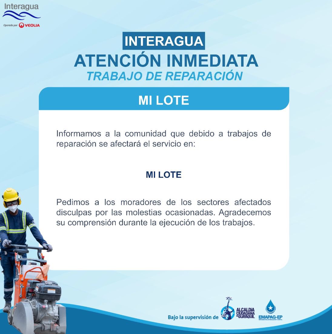 interagua's tweet photo. #InteraguaInforma trabajos urgentes para la reparación de una fuga ubicada en #MILOTE
Técnicos y contratistas trabajan oportunamente para el restablecimiento del servicio.
Mantente informado en nuestras redes sociales. @emapagye @alcaldiagye https://t.co/rLcpYFHDZ7