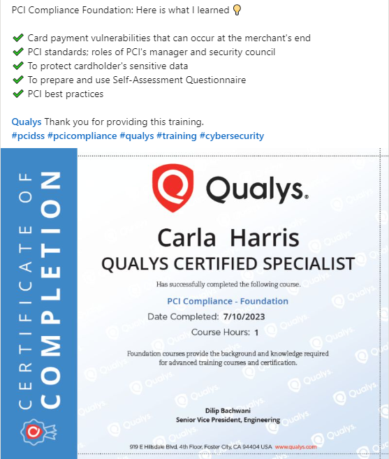 codingcarla's tweet image. PCI Compliance Foundation
@qualys Thank you for this training!
#pcidss #pcicompliance #qualys #Training #cybersecurity