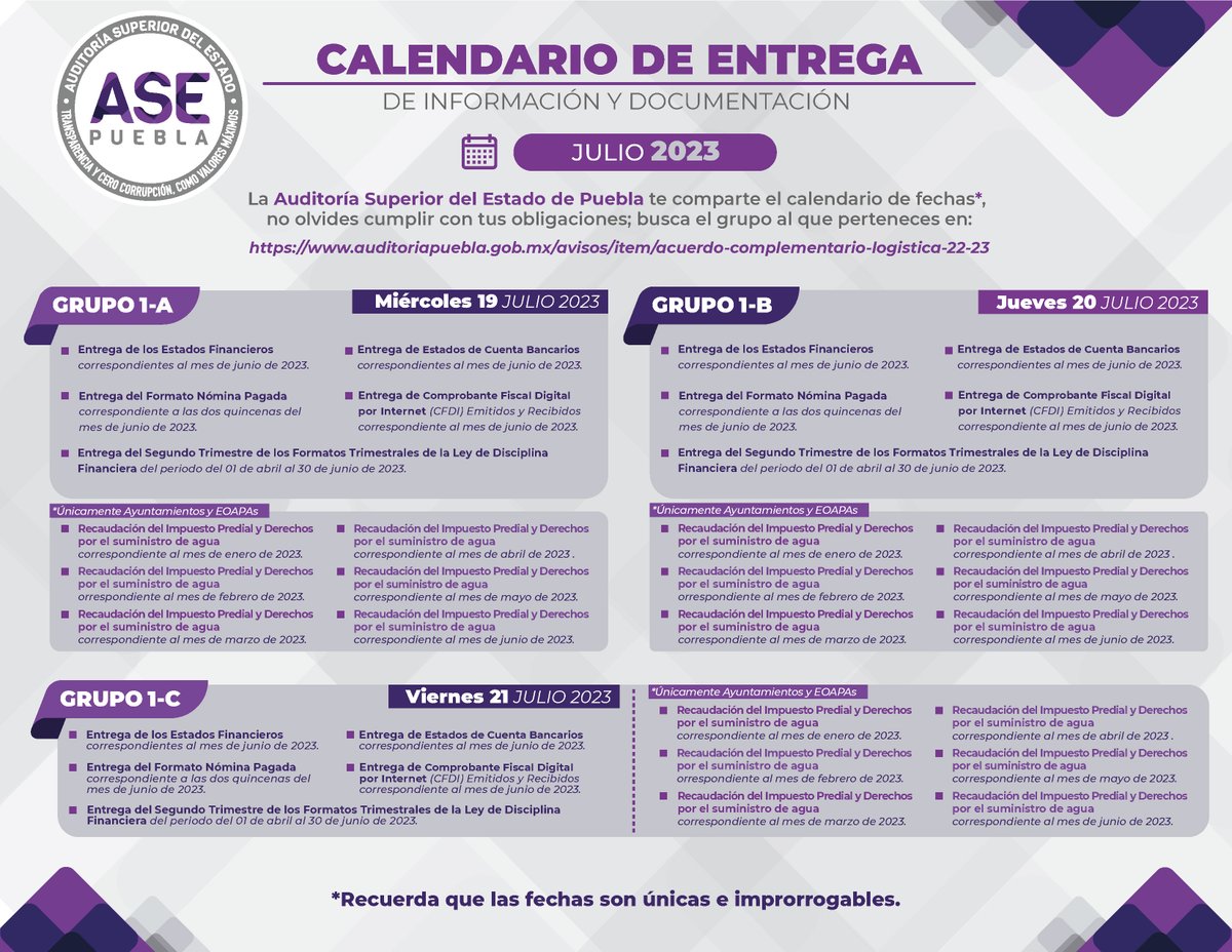 AsePuebla's tweet photo. #ASEInforma A todo Ente Fiscalizado a conocer el calendario actualizado para la entrega de información y documentación. ¡Recuerda! Las fechas son únicas e improrrogables. #ASEPuebla

Más información:
https://t.co/wlXjy6FA0V https://t.co/iQE2ZAruAP