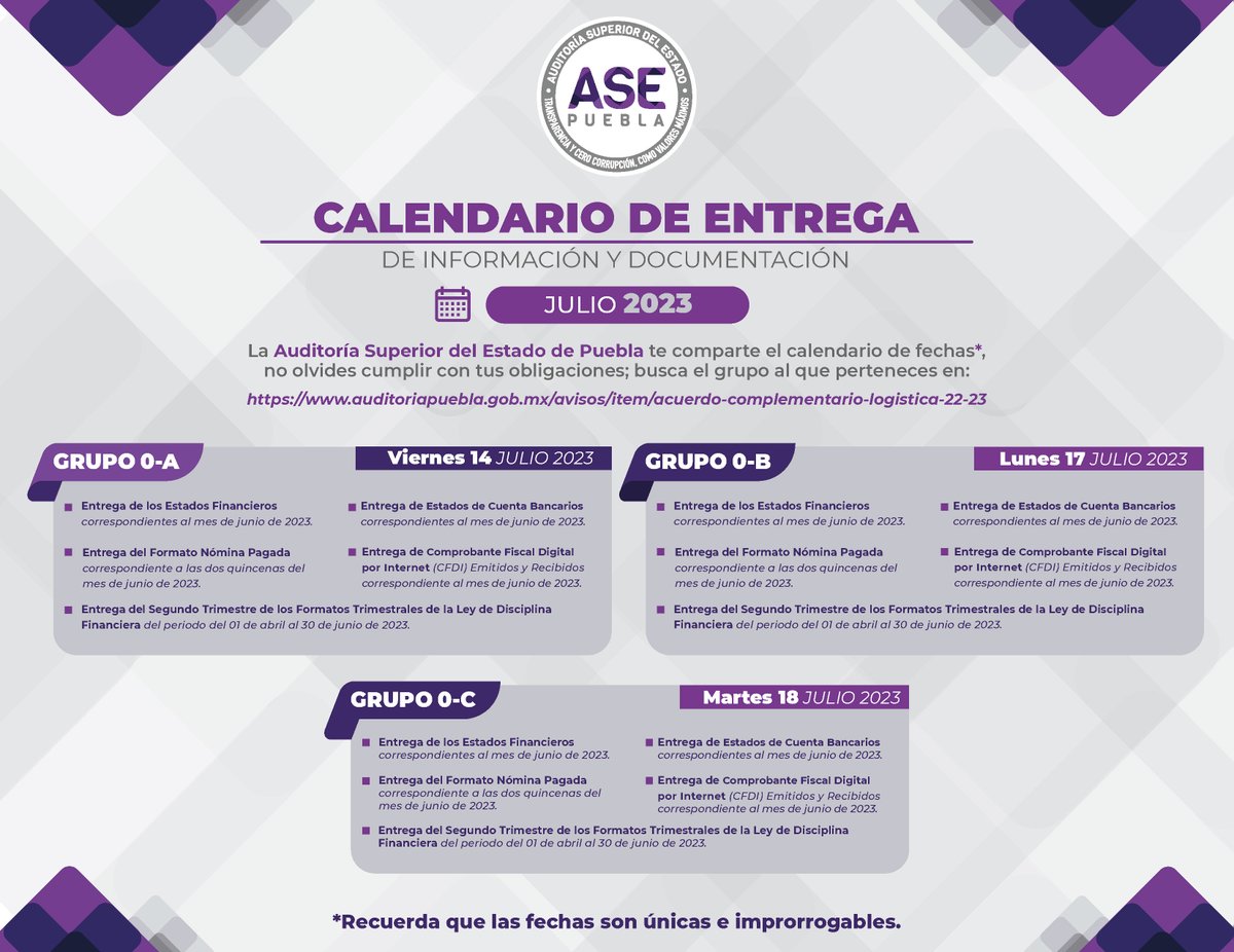 AsePuebla's tweet photo. #ASEInforma A todo Ente Fiscalizado a conocer el calendario actualizado para la entrega de información y documentación. ¡Recuerda! Las fechas son únicas e improrrogables. #ASEPuebla

Más información:
https://t.co/wlXjy6FA0V https://t.co/iQE2ZAruAP