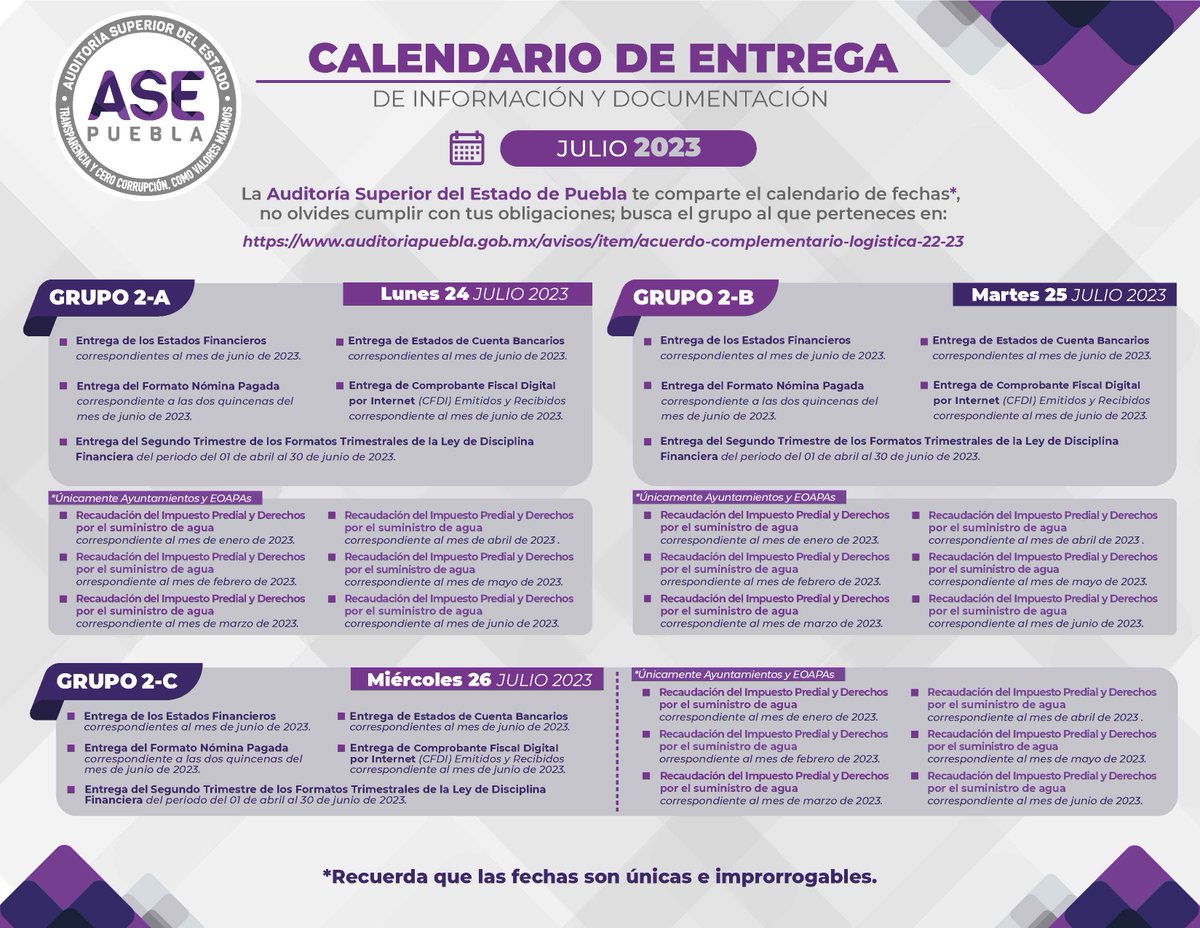 AsePuebla's tweet photo. #ASEInforma A todo Ente Fiscalizado a conocer el calendario actualizado para la entrega de información y documentación. ¡Recuerda! Las fechas son únicas e improrrogables. #ASEPuebla

Más información:
https://t.co/wlXjy6FA0V https://t.co/iQE2ZAruAP