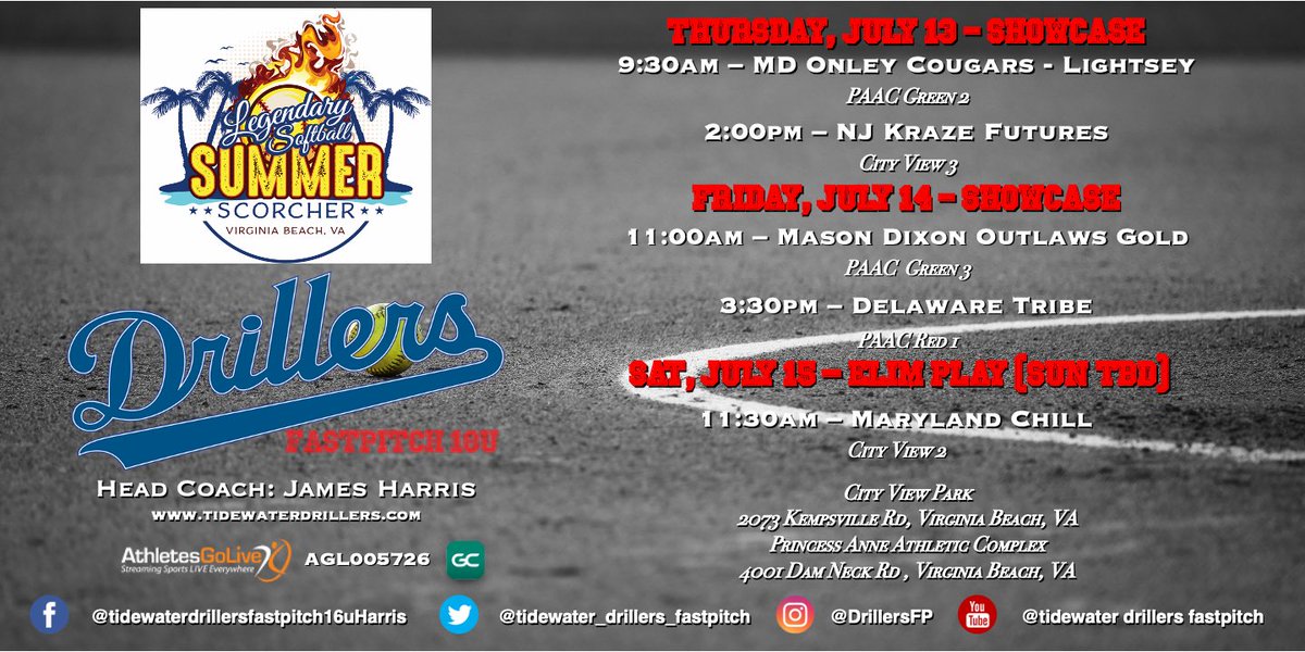 DrillersFP's tweet photo. 🚨SCHEDULE ALERT 🚨
Harris 18U is back at home in Virginia Beach for the @Legendarysftbl Summer Scorcher.  Come on out and see us and enjoy some ☀️ &amp; 🥎. All games will be live streamed on @GCsportsSB https://t.co/ri5uW40arv