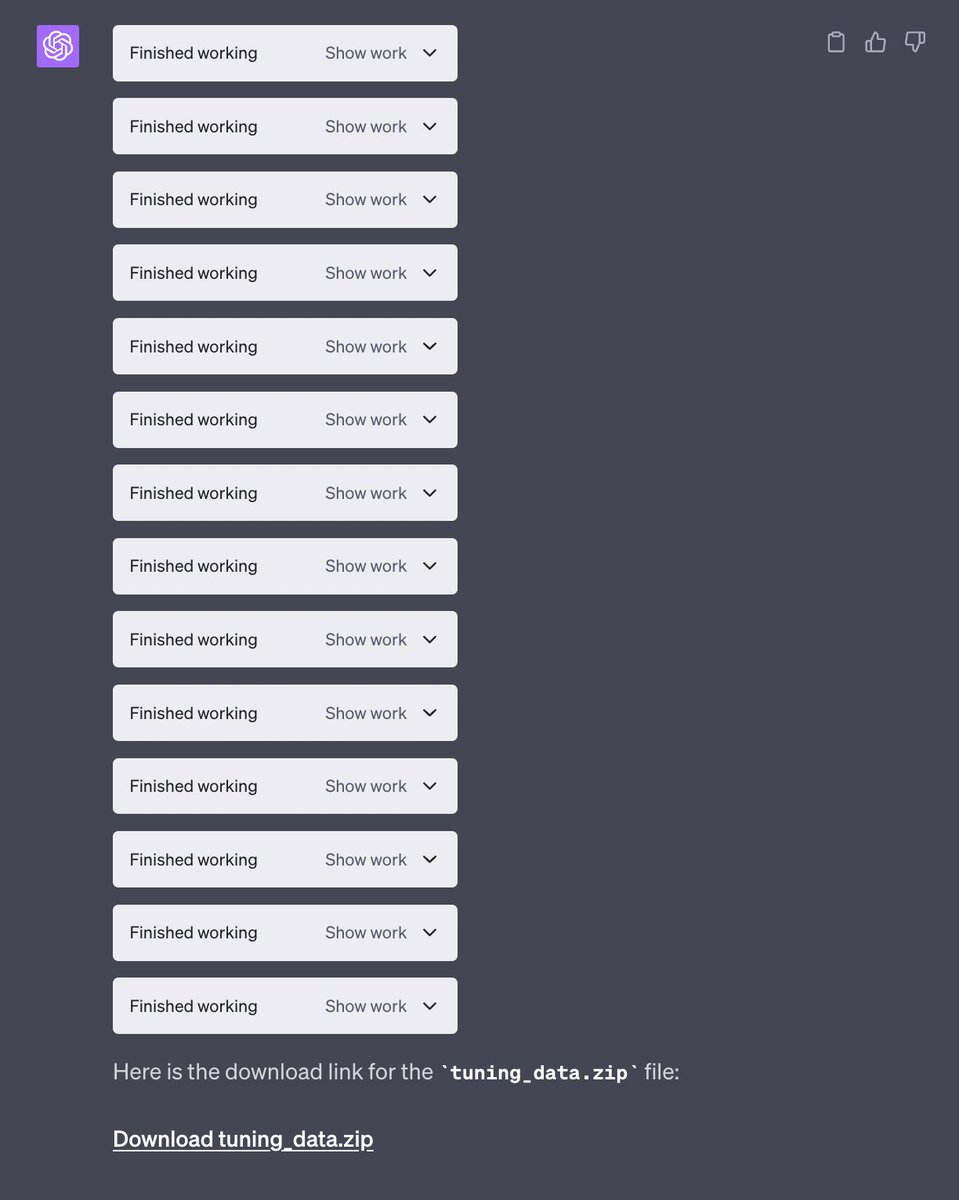 goodside's tweet photo. ChatGPT Code Interpreter generates a toy dataset of 50 prompt-to-code examples, as a zip download of an NDJSON file with a README, from a single prompt.

n=50 for illustration, but via incremental file appends the result is free to exceed the model token limit in size. https://t.co/aTiuwuEbgW