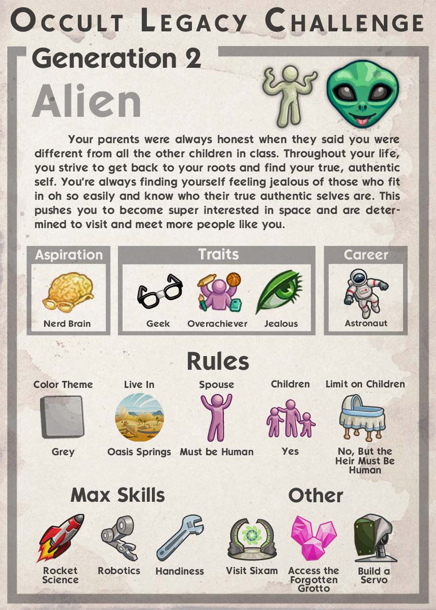kimbasprite's tweet photo. (1/3) I had fun making this set of graphics for @asphodelmoon 's Occult Legacy Challenge! First three gens are Strangerville, Alien, and Plant Sim! 👽🌱 #thesims4

I edited some of the rules to make it fit, but you can view them in full here: https://t.co/YCsfagPTV6 https://t.co/c8Xibz8EOH