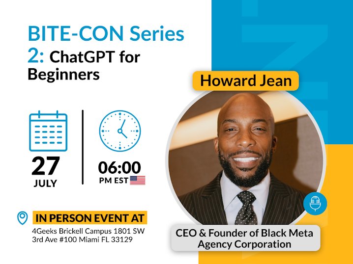 Get ready to embark on an exciting journey into the world of #ChatGPT with <a href="/howardrjean/">Howard R. Jean 🇭🇹 • DC • NY</a>

Discover how this groundbreaking #technology is revolutionizing #communication #learning &amp; #productivity &amp; #learn how to effectively leverage its potential.

Register: eventbrite.com/e/bite-con-eve…