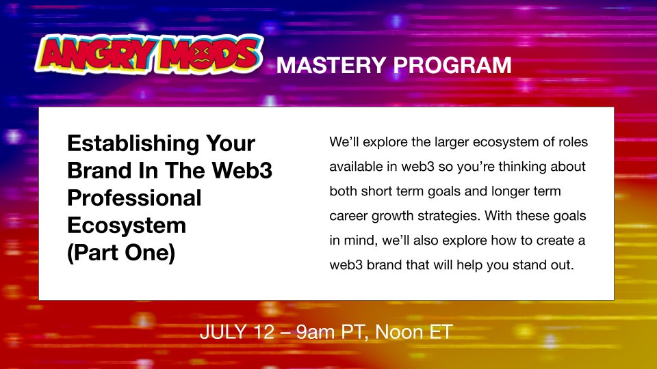 AngryModsNFT's tweet photo. Tomorrow will be our first session of our Angry Mods Mastery Program held in our discord 👇 We'll be chatting about how your goals should shape your online persona and job hunt... hope to see you there! #web3work #web3hiring https://t.co/jwccd2nJ1t