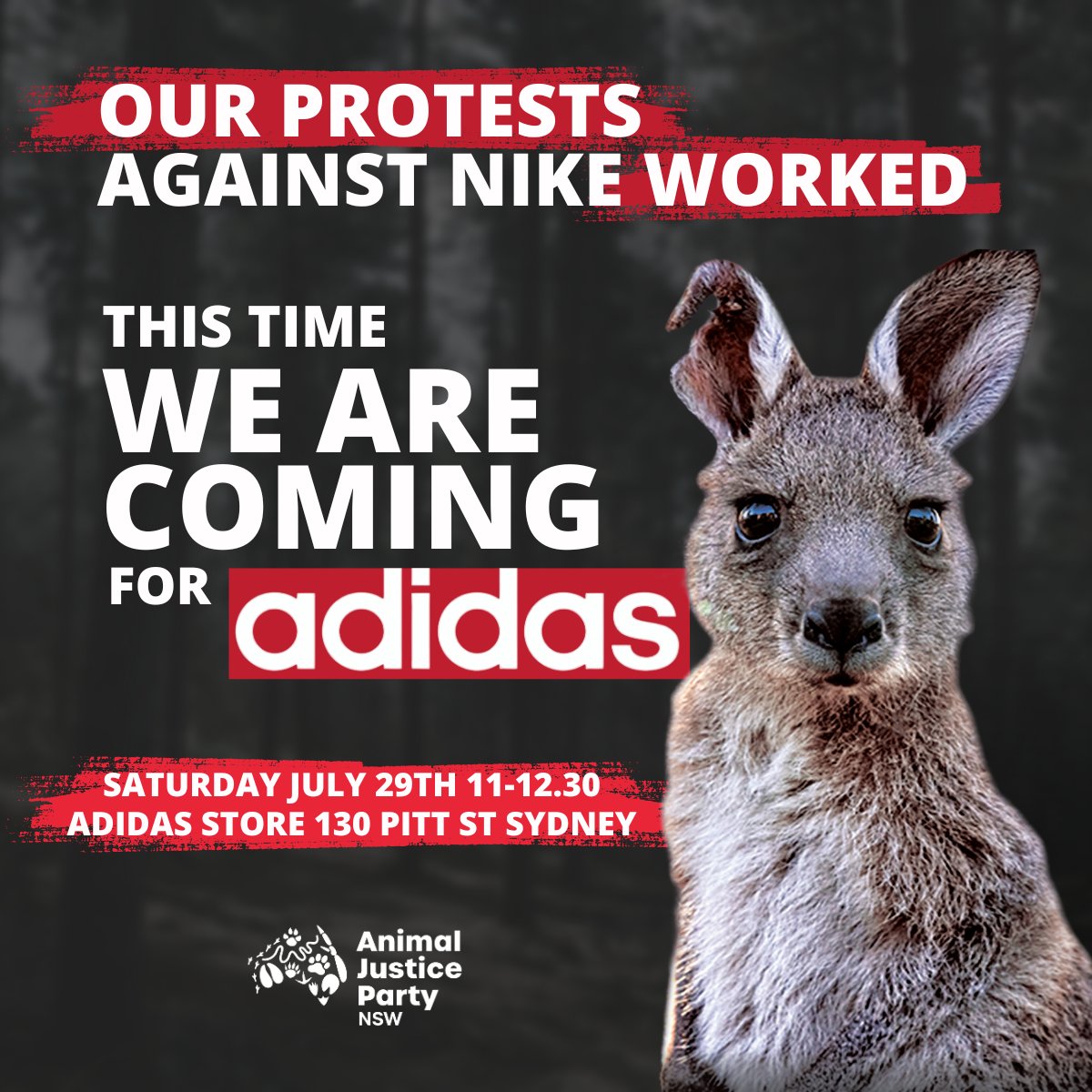 Join us and speakers MP Emma Hurst  and kangaroo carer Greg Keightley

Saturday July 29th 11-12.30
Adidas store 130 Pitt St Sydney
‌
RSVP: facebook.com/events/s/adida…
#adidaskangaroomassacre