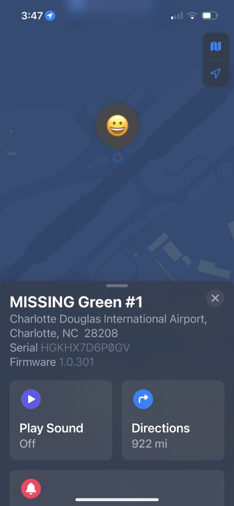 Green_AirTag's tweet photo. Still traveling the world on the same battery! This morning I was in Bermuda, then JFK and now Charlotte https://t.co/j9kZMSmPC8