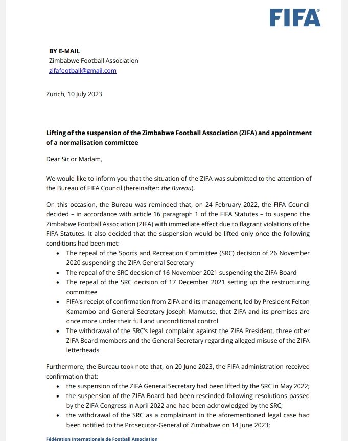 iDiski Times on Twitter: "🇿🇼 𝗕𝗔𝗡 𝗟𝗜𝗙𝗧𝗘𝗗 FIFA has lifted the ZIFA