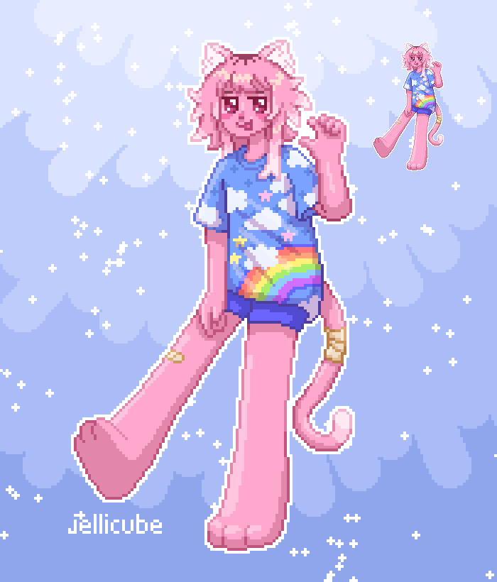 a #pixelart attack of @505core's character moe!! all their shirts are so cute, and i just had to draw this rainbow one lol~ very fun to draw!! 🌈🐈☁️⭐️ #artfight #artfight2023 #artfightvampire