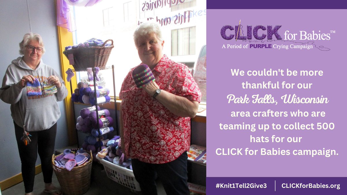 PURPLEcrying's tweet photo. Thanks to our Park Falls, #Wisconsin #knitters &amp; #crocheters for setting a goal to craft 500 hats to our #CLICKforBabies campaign. Read how they joined &amp; how close they are to reaching their goal at https://t.co/SnDxy5q0Xx https://t.co/kXLE66oaPl