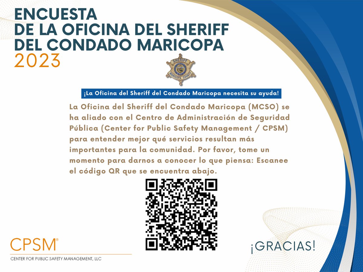 mcsoazespanol's tweet photo. El Centro de Administración de Seguridad Pública (CPSM) está buscando tener un mayor entendimiento sobre los servicios que son más importantes para la comunidad a través de una encuesta y MCSO les está ayudando a correr la voz.

Escanee el código QR que se encuentra abajo. https://t.co/29lJjGJZLJ